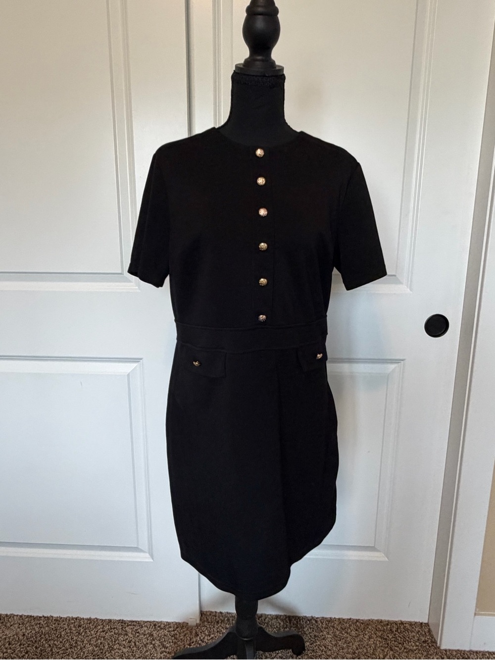 Black Short-Sleeve Mini Dress with Gold Button Detailing - Picture 8 of 8